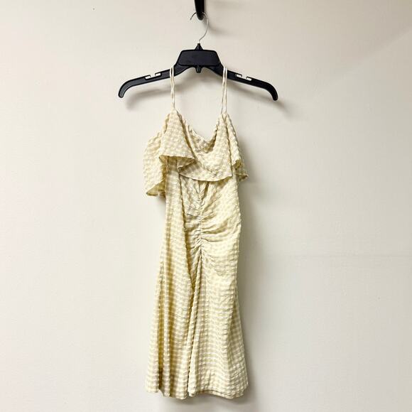 Ganni Gingham Check-Print Ruffled Mini Dress Beige Yellow Women's Size 40 US 8 - Picture 2 of 5